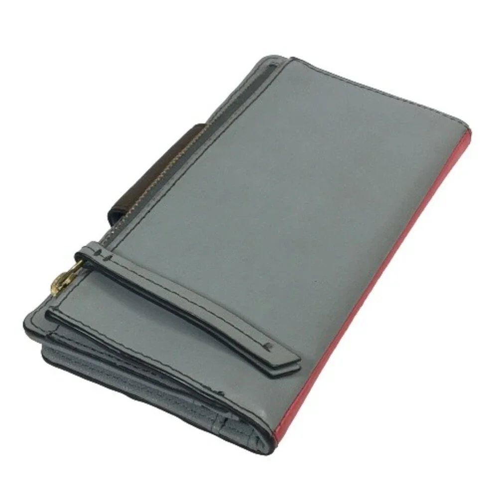 FOSSIL Colorblock Leather Wallet Credit Card Clutch Gray Peach Red & Yellow